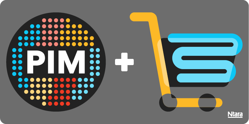 The acronym PIM is on the left, in the center of a black circle, surrounded by dots in various shades of blue, red, yellow. A shopping cart in yellow, black, and blue is on the right.