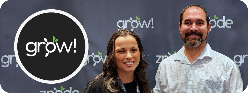 Image from Znode Grow 2023 of a man and woman against a backdrop that says Znode Grow. On the left side is a dark circle with the grow logo written in white with an illustrated leaf coming out of the O and an exclamation point at the end.