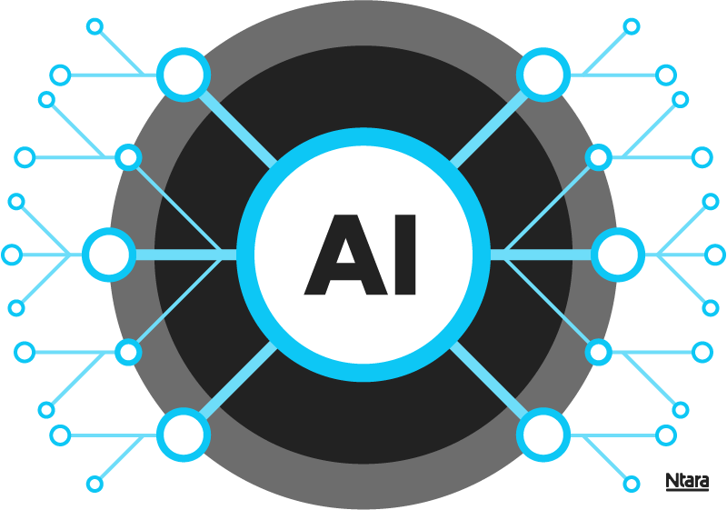 Illustration with the letters AI in the center of a white circle outlined in blue. Branching out from that circle are many blue lines and white circles outlined in blue. In the background are darker circles.