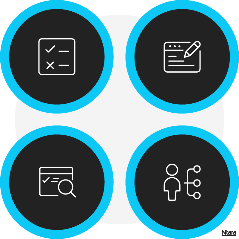 Four black circles outlined in blue with white icons. One has a checklist. Another has a pencil taking notes on paper. Another has a web page and a magnifying glass. The last is a person.