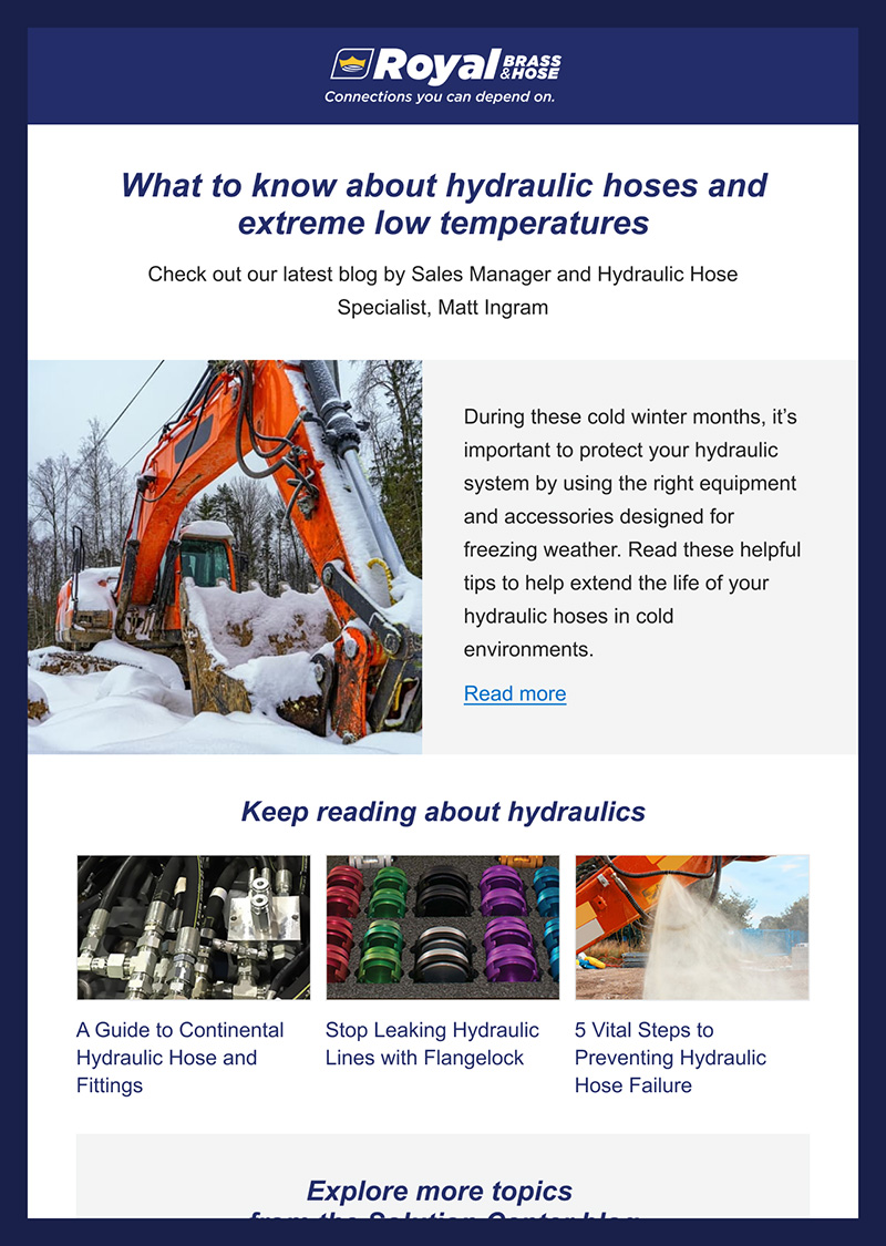 Picture of an actual Royal Brass & Hose email. Headline says what to know about hydraulic hoses and extreme low temperatures.